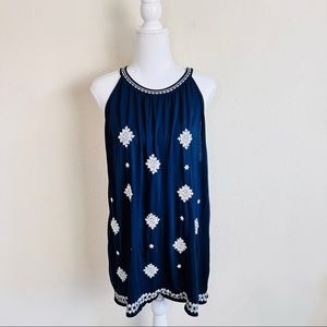 LOFT Navy Blue Tribal Crochet Embroidered Halter Button Back Tank Top